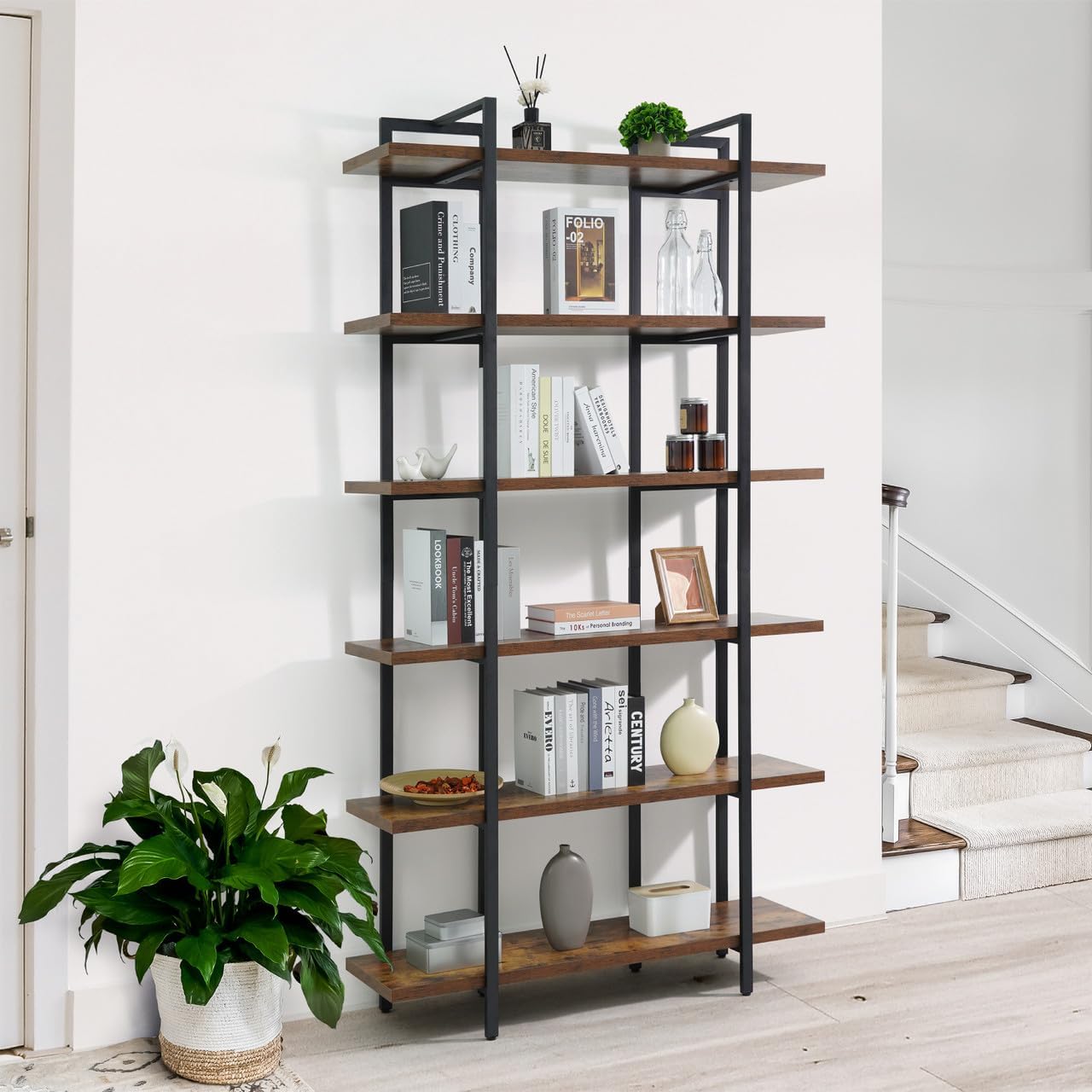 CAPHAUS 6-Tier Book Shelf, 86' H Vintage Industrial Bookcase with Open Display Shelving, Wooden and Metal Shelving Unit, Bookshelves and Bookcases, Stand Shelf for Bedroom, Home Office, Rustic Oak