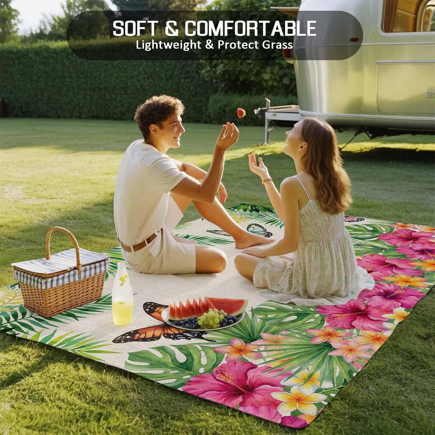 Outdoor Rug 6x9ft Vintage Tropical Plants Butterflies Patio Area Rugs Waterproof Easy Cleaning Non Shedding Thick Mats Gardenia Flower Carpet for Indoor Outdoor Porch Deck Backyard Balcony