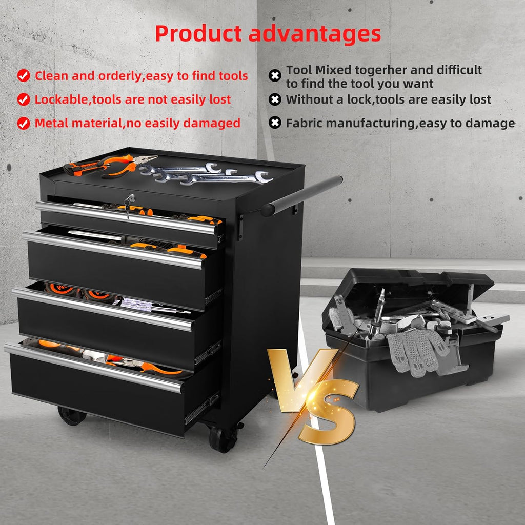 Rolling Tool Box with 4 Drawer, 27 Inch Rolling Tool Chest with Wheels, Metal Tool Storage Cabinets, Tool Box Organizer for Garage, Shop, Workbench, Warehouse, Workshop (Product Depth-18.4inch)