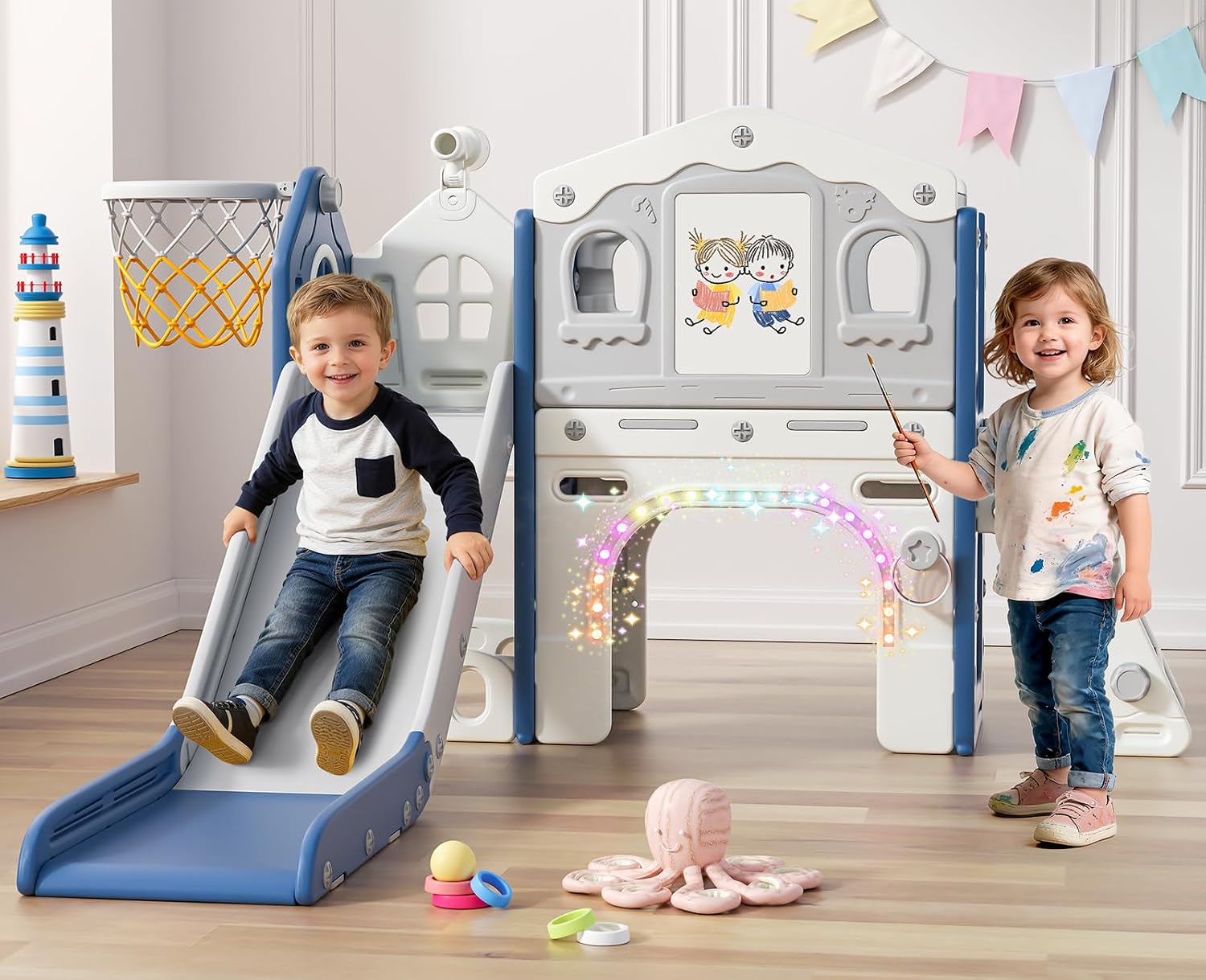 BIERUM 9 in 1 Toddler Slide Set - Baby Slide for Toddlers 1-3 with Colorful Lights, Drawing Board and Building Blocks Board, Indoor Outdoor Toddler Playset Playground, Blue Gray