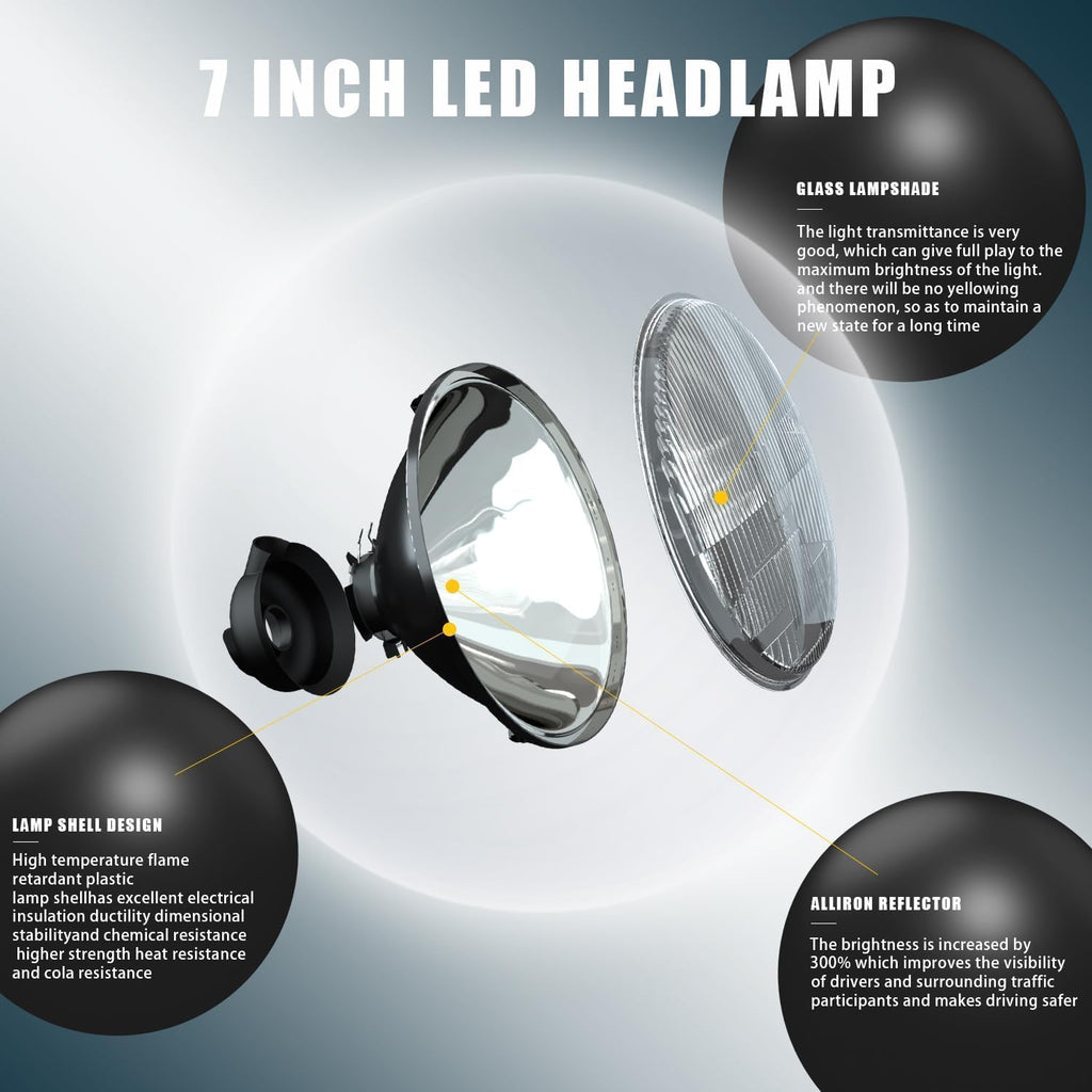 7 Inch H6024 Glass Round Headlight Housing with H4/9003 LED Bulbs, High Low Beam Sealed Conversion Kit, Classic OEM Look (H6024)