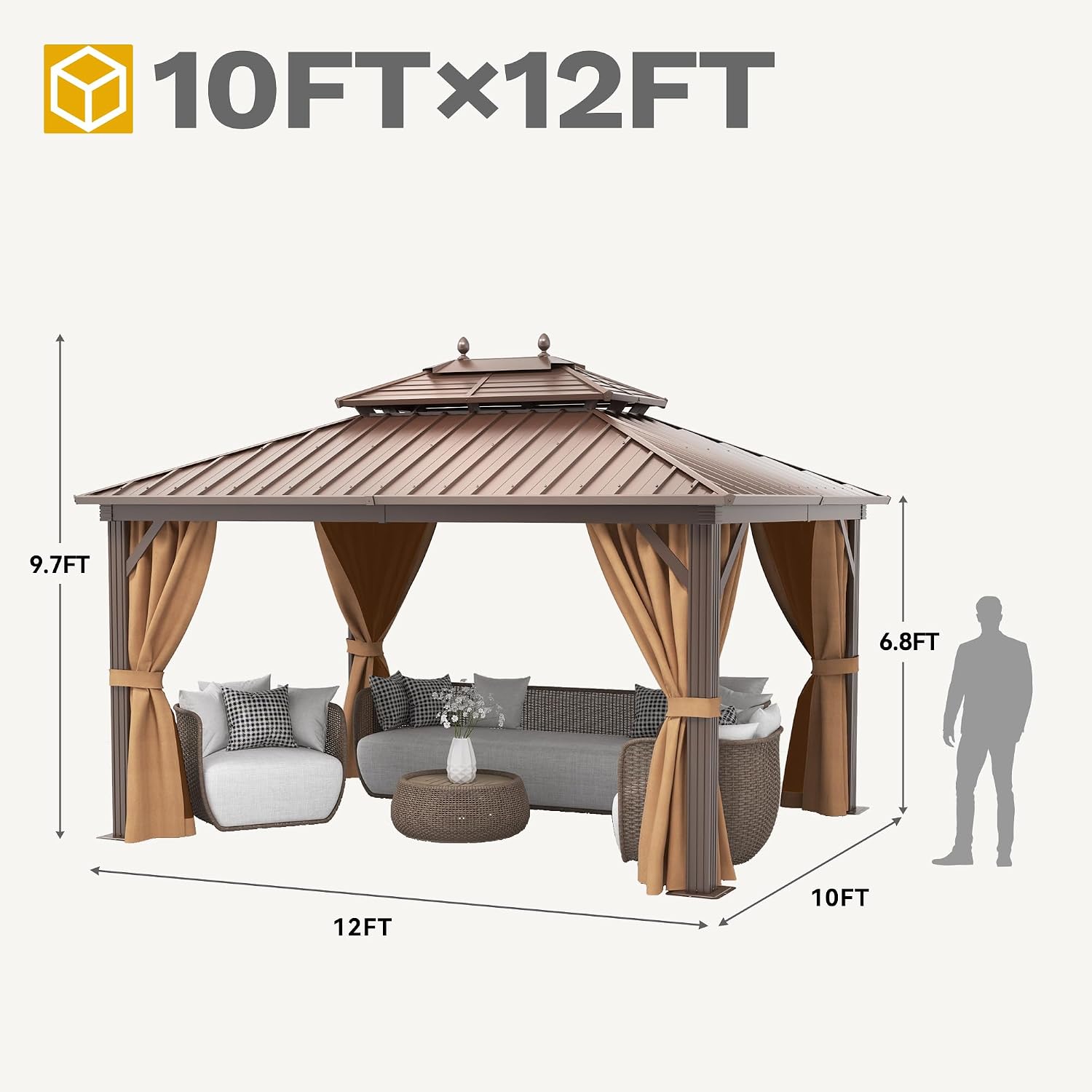 DWVO 10x12ft Hard top Gazebo Double Roof Galvanized Steel Outdoor Metal Pavilion Gazebo with Netting, Curtains for Backyard, Patio and Deck