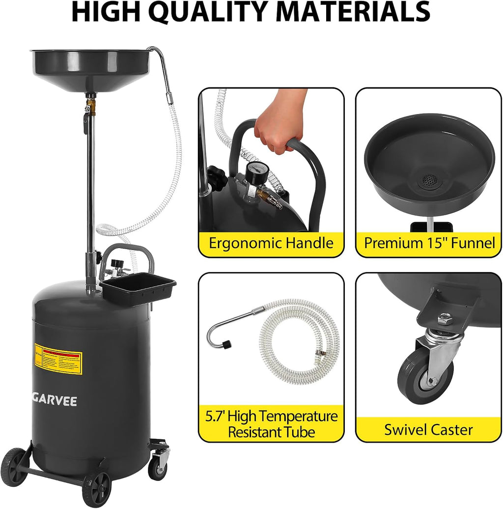 Garvee 20 Gallon Waste Oil Drain Tank, Portable Oil Drain Container, Air Operated Drainer, Fluid Fuel Transfer Drainage, Adjustable Funnel Height with Wheel &15'' Premium Bowl and a Toolbox