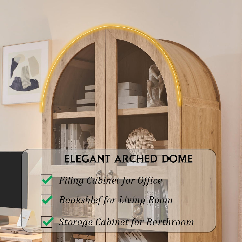 IFBUY 71' Tall Arched Bookshelf, 4-Tier Bookcase with Glass Doors and Shelves, Wooden Display Cabinet w/2 Large Storage Drawers, Modern Farmhouse Versatile Bookshelf for Living Room, Natrual