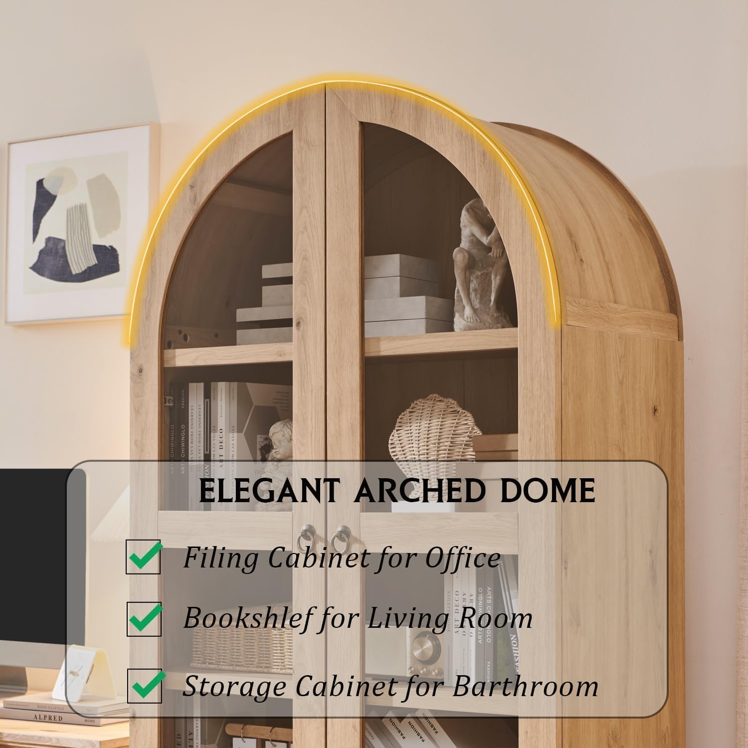 IFBUY 71' Tall Arched Bookshelf, 4-Tier Bookcase with Glass Doors and Shelves, Wooden Display Cabinet w/2 Large Storage Drawers, Modern Farmhouse Versatile Bookshelf for Living Room, Natrual
