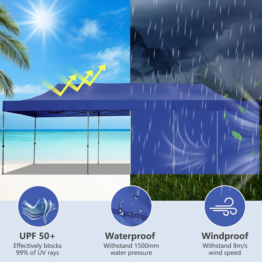COBIZI Pop up Canopy Tent 10x30 Heavy Duty Gazebo with 8 Sidewalls, UPF 50+ All Weather Waterproof Commercial Outdoor Wedding Party Tents Canopy with Roller Bag,Dark Blue