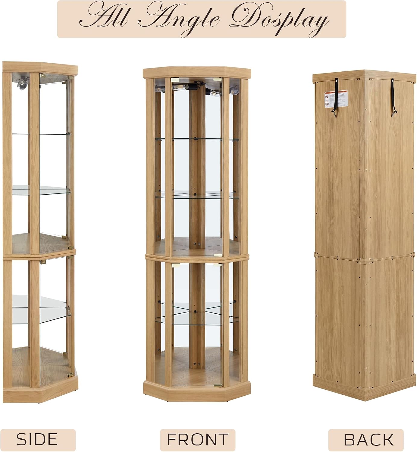 Corner Curio Cabinet, 70' H Lighted Glass Display Cage with Tempered Glass Doors and 5 Adjustable Shelves, Light Bulb Inclued, Wine Bar China Cabinet for Living Room (Light Oak)