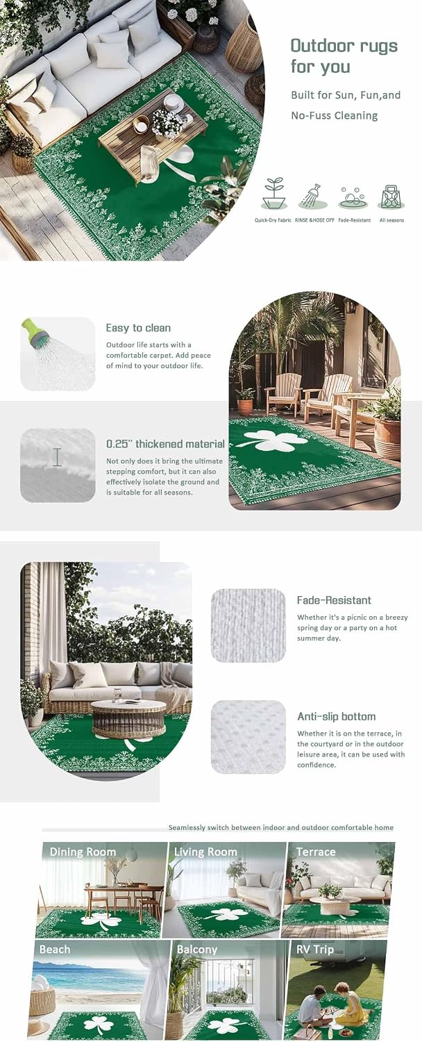 Outdoor Rug 4x6ft Retro St. Patrick's Day Celtic Knots Shamrock Leaves Patio Area Rugs Waterproof Easy Cleaning Non Shedding Thick Mats Green Carpet for Indoor Outdoor Porch Deck Backyard Balcony