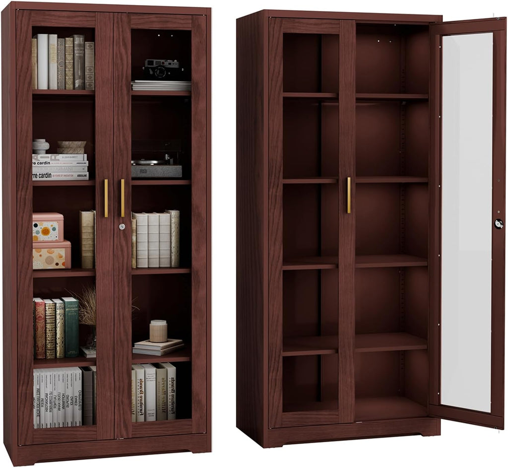 Display Cabinet with Glass Doors,71' Metal Curio Cabinets with 4 Adjustable Shelves, 5 Tier Display Case for Collectibles, Metal Storage Cabinet, Brown