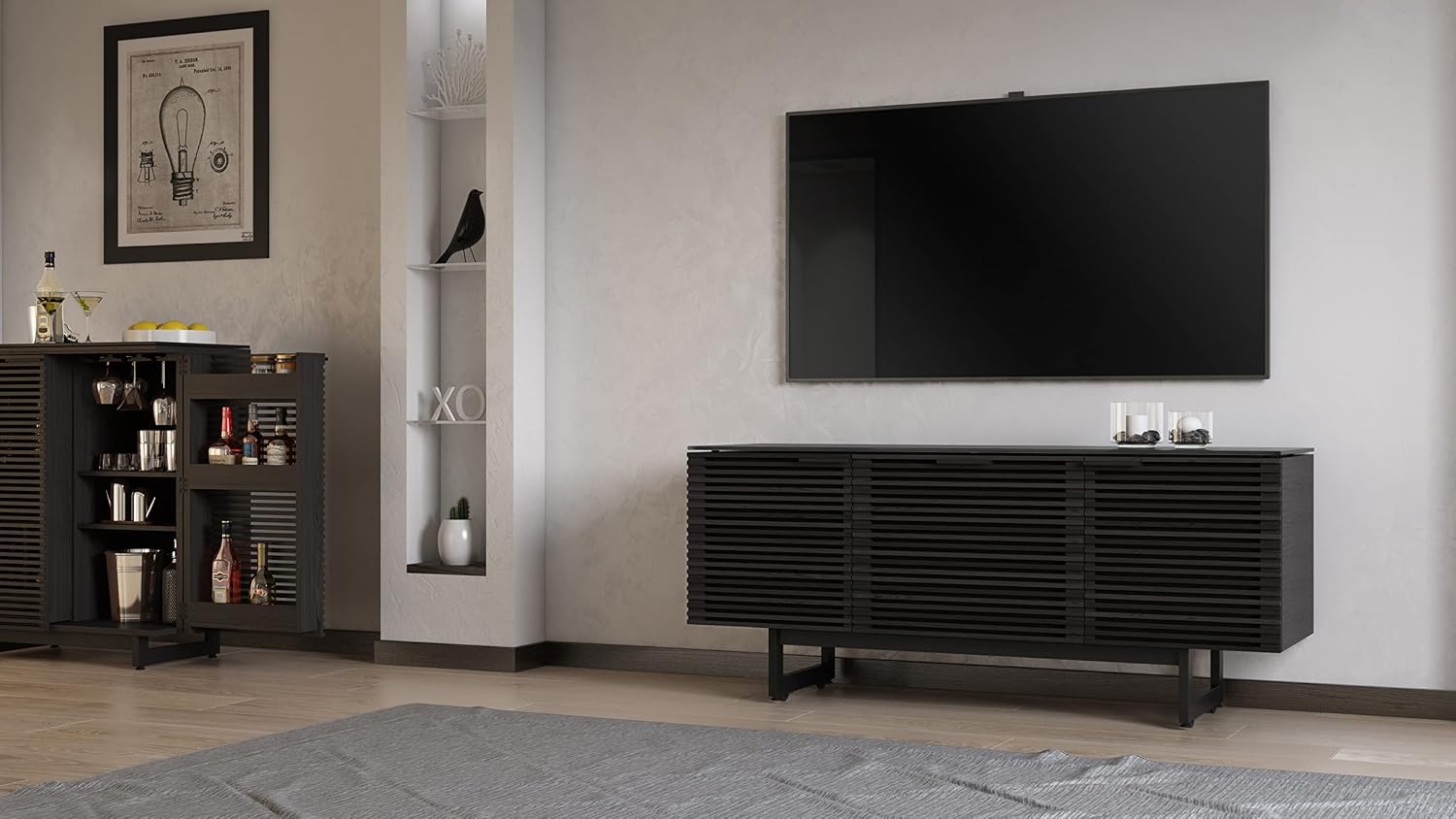 BDI Furniture Corridor 8177-65'' TV Stand for TVs up to 70' with Soundbar Shelf, Storage Drawer, Cable Management, Remote-Friendly Louver Doors, Satin-Etched Glass Top, Charcoal Stained Ash