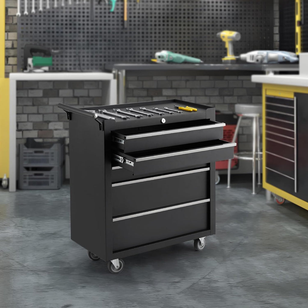 5-Drawer Tool Box with Wheels, Rolling Tool Chest and Organizer for Garage & Workshop, Includes Detachable Top, Lockable Wheels and Sliding Drawers, Essential Tool Chest Cabinet Organizer, 26 Inch