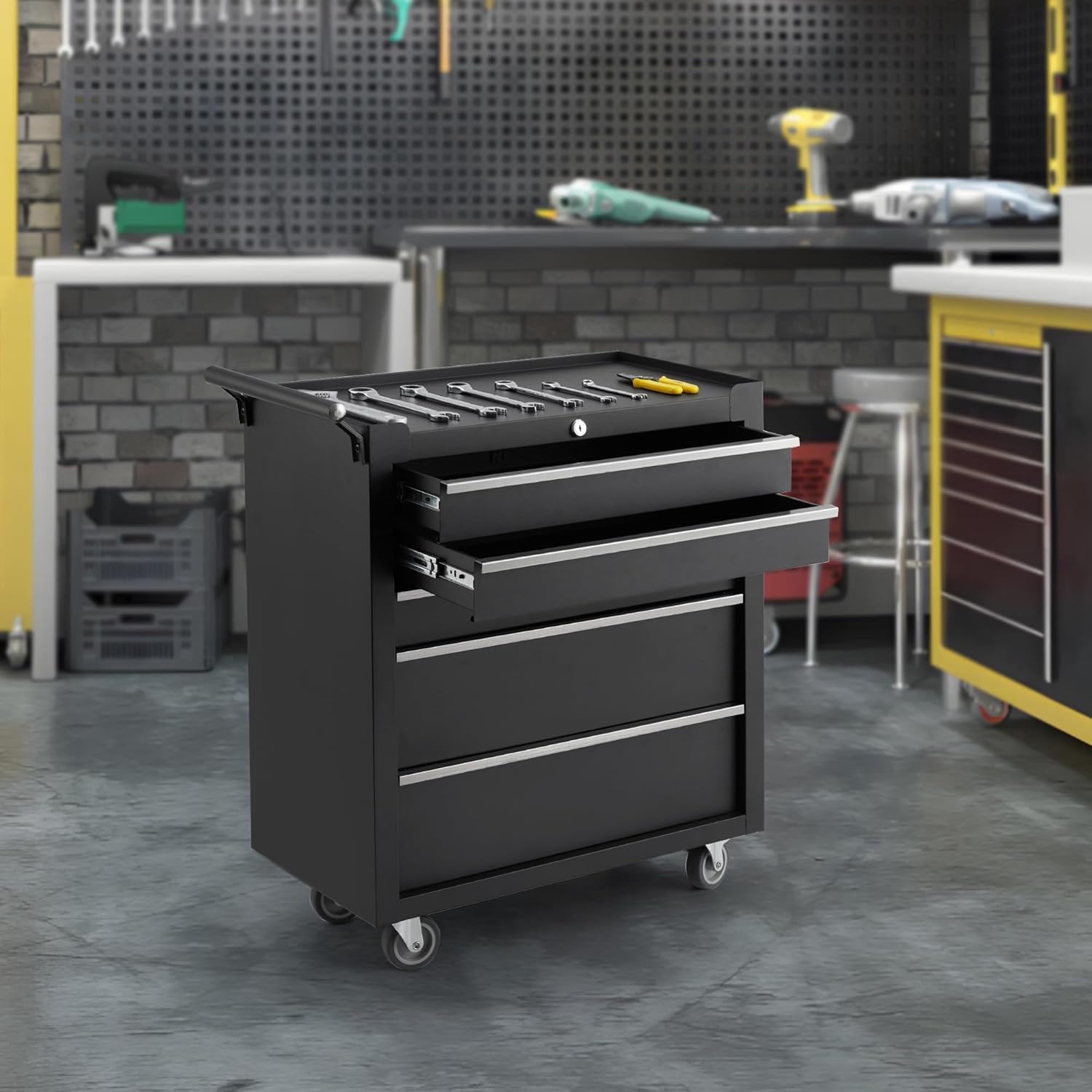 5-Drawer Tool Box with Wheels, Rolling Tool Chest and Organizer for Garage & Workshop, Includes Detachable Top, Lockable Wheels and Sliding Drawers, Essential Tool Chest Cabinet Organizer, 26 Inch