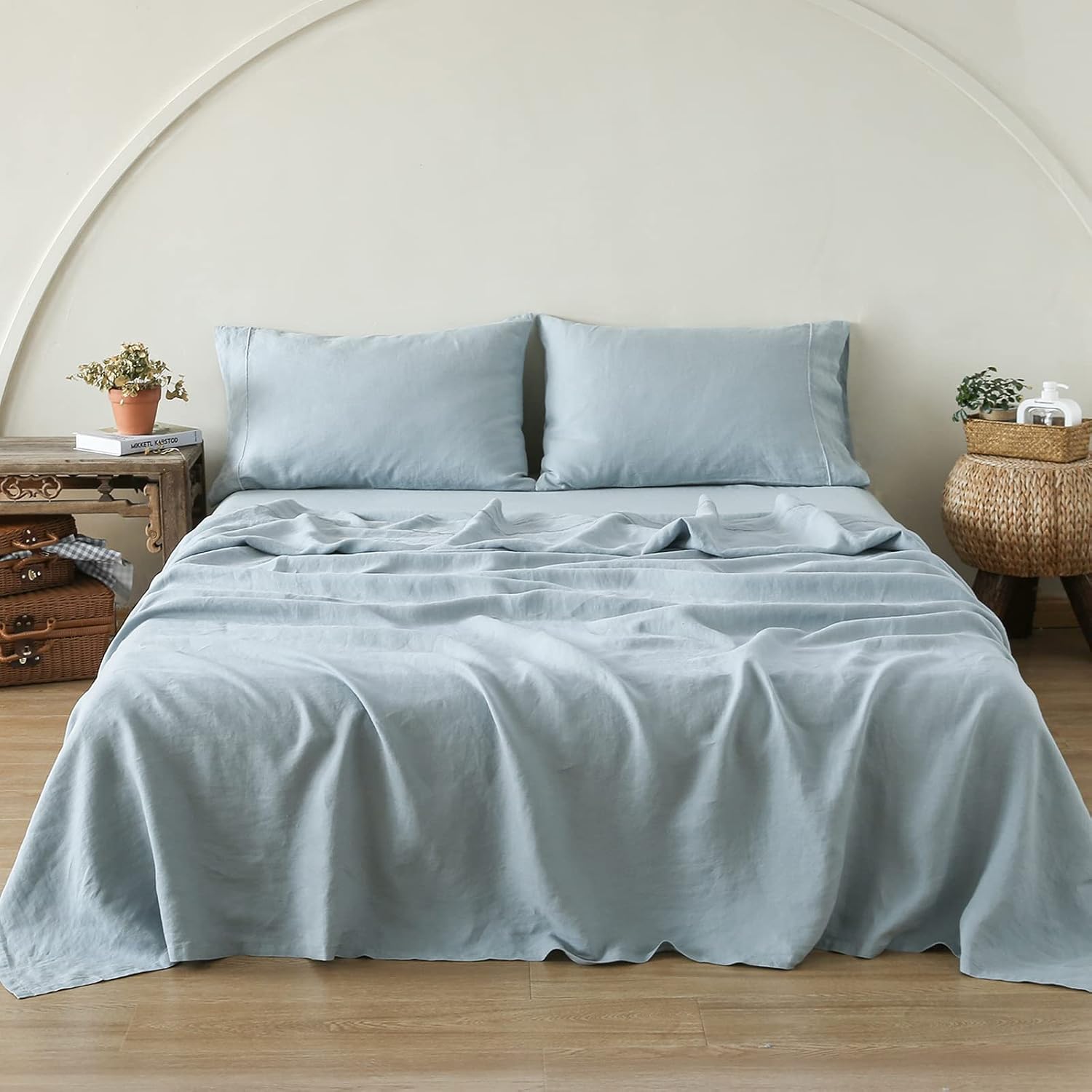 Simple&Opulence 100% Linen Sheet Set with Embroidery Washed - 4 Pieces (1 Flat Sheet & 1 Fitted Sheet & 2 Pillowcases) Natural Flax Soft Bedding Breathable Farmhouse - Dusty Blue, King Size