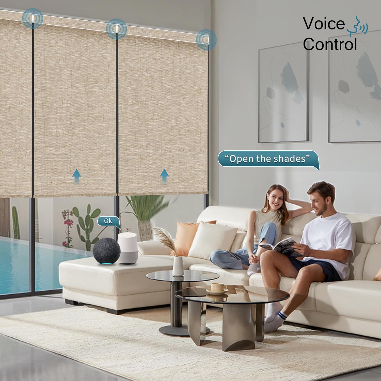 Motorized Shades with Remote,100% Blackout Smart Shades Work with Homekit, Alexa, Google Home, Remote Control, Electric Blinds with USB/Solar Pannel Charging, Linen Caramel