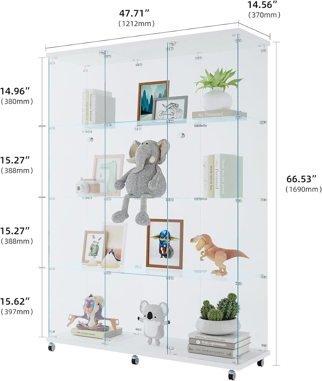 4 Shelves Glass Display Cabinet Extra Large, Curio Collection Glass Display Case for Home Office, Floor Standing Bookshelf Corner Cabinet for Book Toys Glory (White)