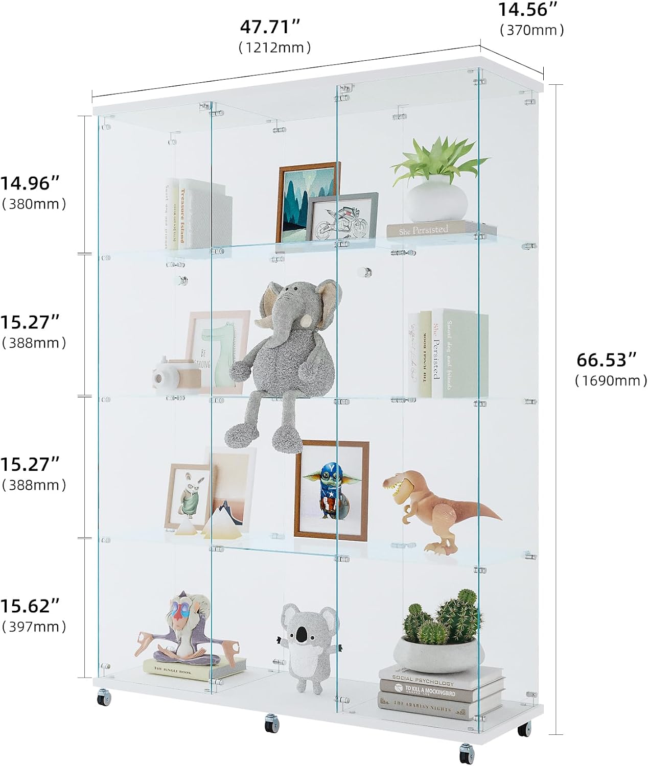 4 Shelves Glass Display Cabinet Extra Large, Curio Collection Glass Display Case for Home Office, Floor Standing Bookshelf Corner Cabinet for Book Toys Glory (White)