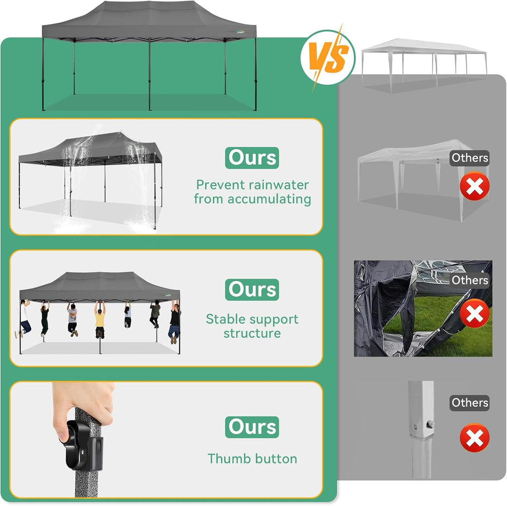 COBIZI 10x20 Pop up Canopy Tent Heavy Duty with 6 Sidewalls, Easy Set-up Commercial Outdoor Party Tents, 100% Waterproof Wedding Gazebo, 3 Height Adjustable with Wheeled Bag,Gray