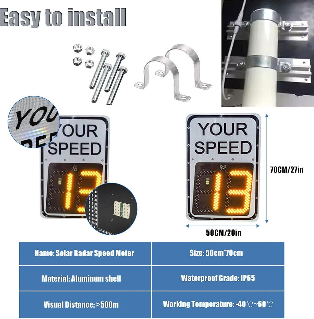 Speed Display Radar Traffic Sign, 20'x27'/24'x35' Solar Speed Radar Feedback Sign Road Safety Speed Limit Detector with Accessories, Adjustable Miles and Kilometers, White(50 * 70cm)