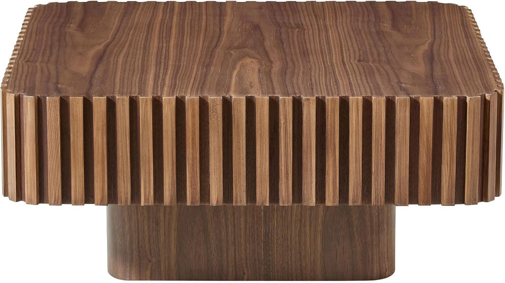 31.49'' Square Coffee Table Set of 2 for Living Room, Modern Wood Drum Pedestal Flute Embossment Coffee Table, Easy Assembly (Walnut, 2-Pcs)