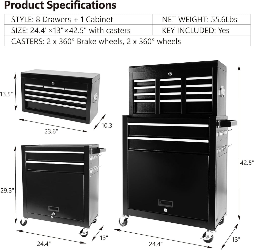 Rolling Tool Chest, 8-Drawer Rolling Tool Chest with Wheels, Large Tool Cabinet with Drawers, Mobile Steel Tool Storage Organizer with Lock&Liner for Warehouse, Workshop