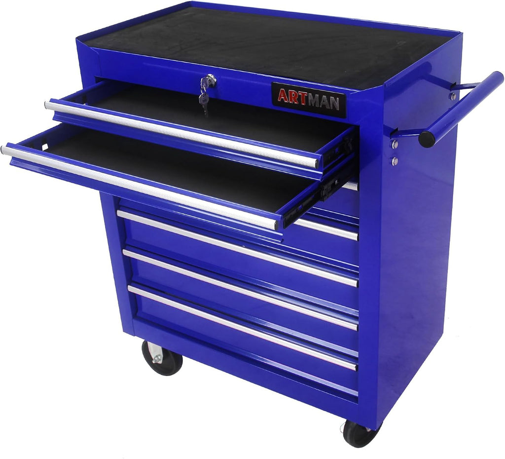 Rolling Tool Cart with 7 Drawers, Lockable Heavy-Duty Steel Tool Cabinet on Wheels, 300 lb Capacity, Ball-Bearing Slides, Powder-Coated Finish, Garage Workshop Tool Storage Blue