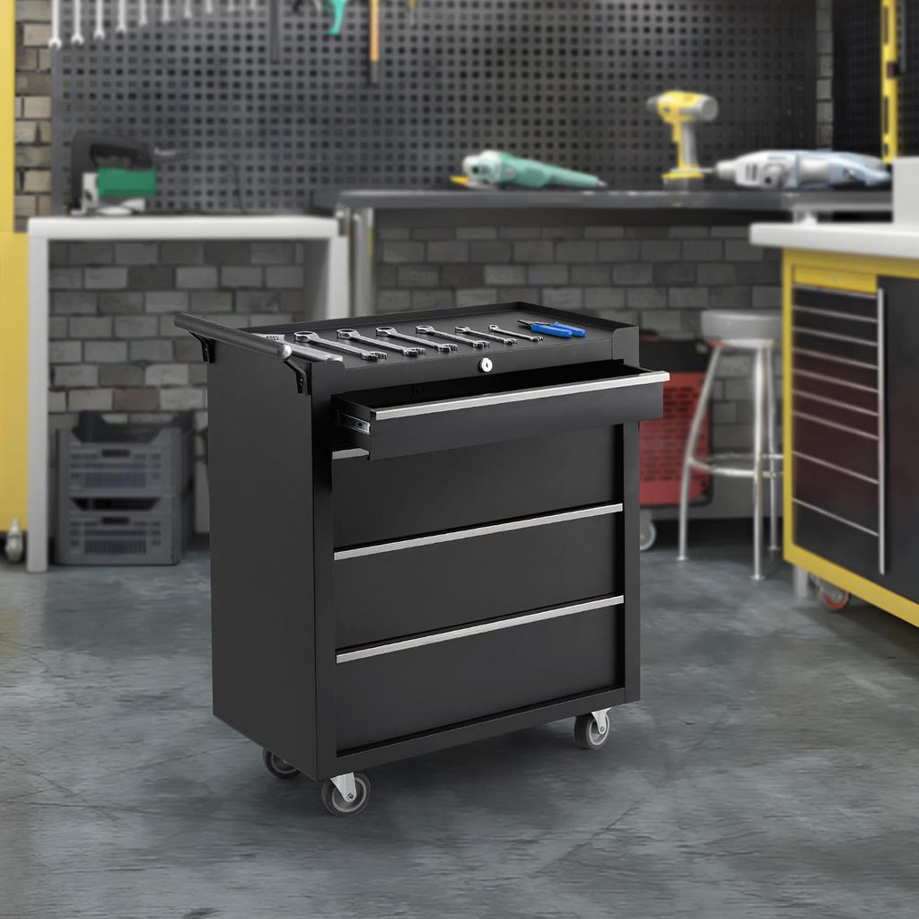 GarveeLife 4-Drawer Tool Box 24' Garage Tool Box with Key Lock and Removable Drawer Liners, Wheeled Design, Suitable for Garages, Warehouses, Workshops, and Repair Shops - Black