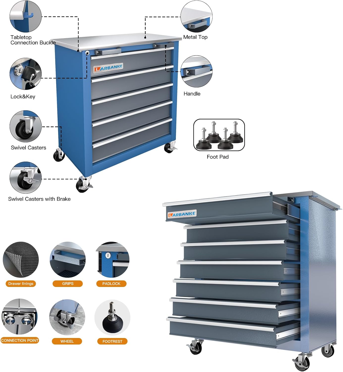 LARBANKE Combination 12-Drawer Tool Chest with Stainless Steel Countertop,7 Drawer 5 Drawer Tool Chest for Connected Use,Locking System Tool Storage Cabinet with Wheels and Padded Feet