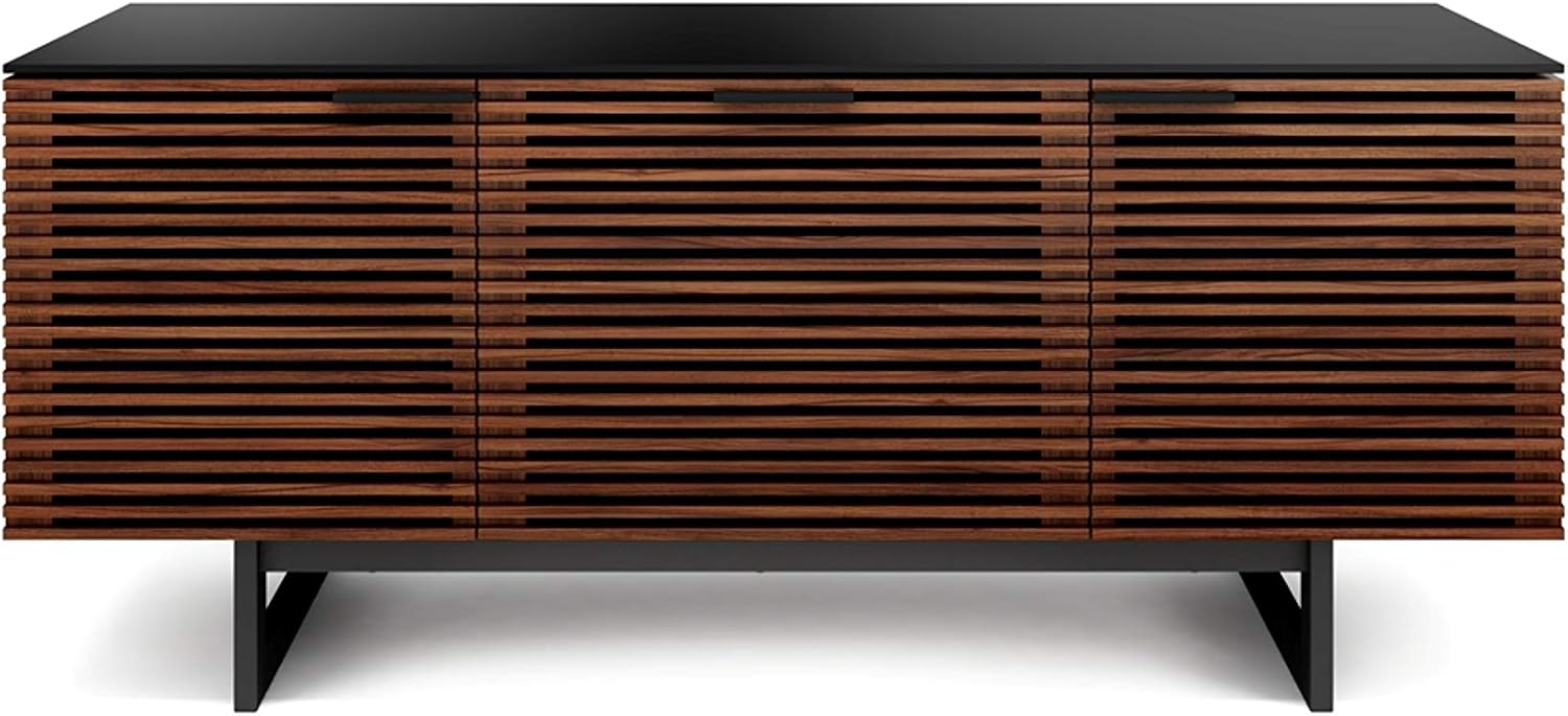 BDI Furniture Corridor 8177-65'' TV Stand for TVs up to 70' with Soundbar Shelf, Storage Drawer, Cable Management, Remote-Friendly Louver Doors, Satin-Etched Glass Top, Chocolate Stained Walnut