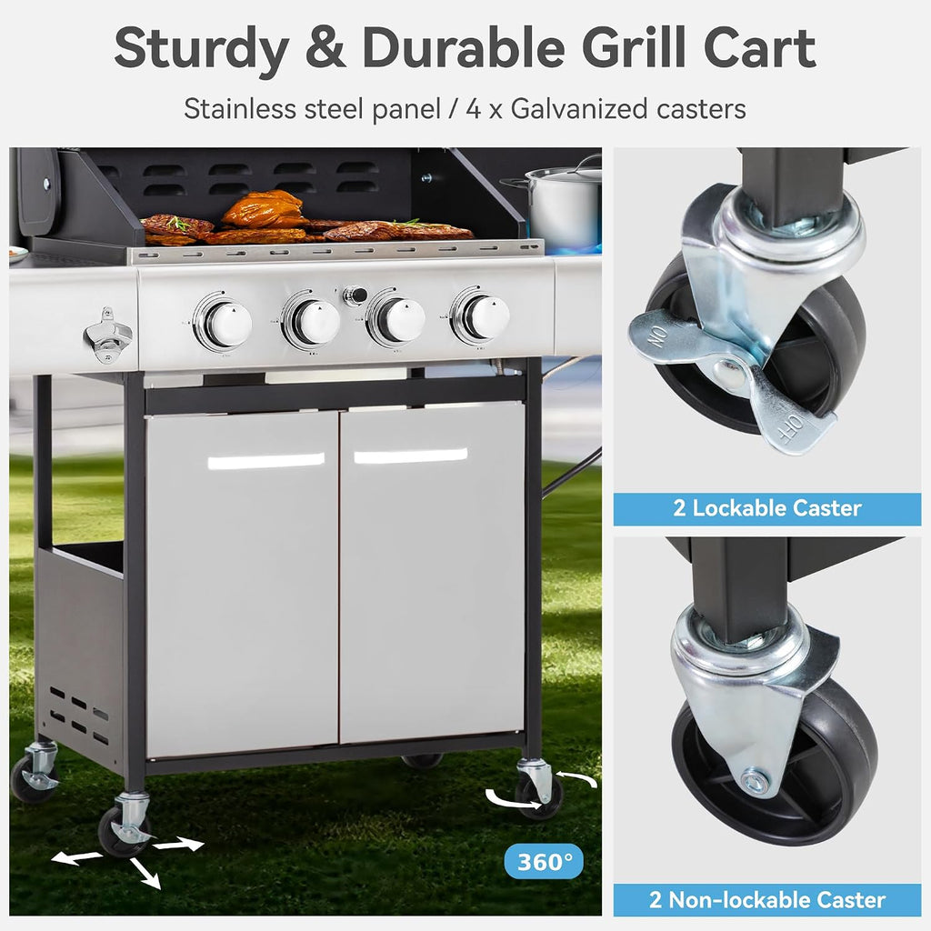 GREEN PARTY 4 Burner BBQ Propane Gas Grill with Side Burner & Porcelain-Enameled Cast Iron Grates, 545 SQIN Grilling Area 42,000 BTUs Barbecue Grill for Outdoor Cooking Garden Patio Backyard, Silver