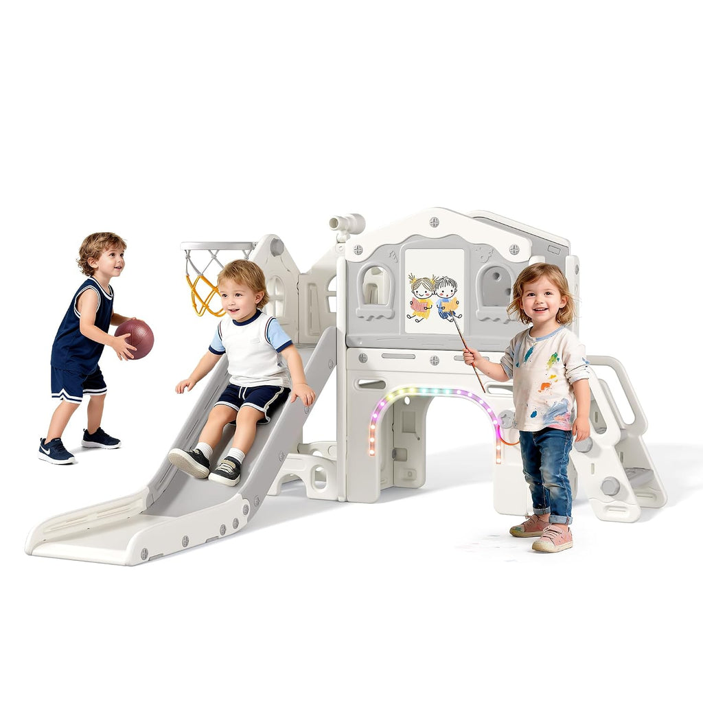 BIERUM 9 in 1 Toddler Slide Set - Baby Slide for Toddlers 1-3 with Colorful Lights, Drawing Board and Building Blocks Board, Indoor Outdoor Toddler Playset Playground, White Gray