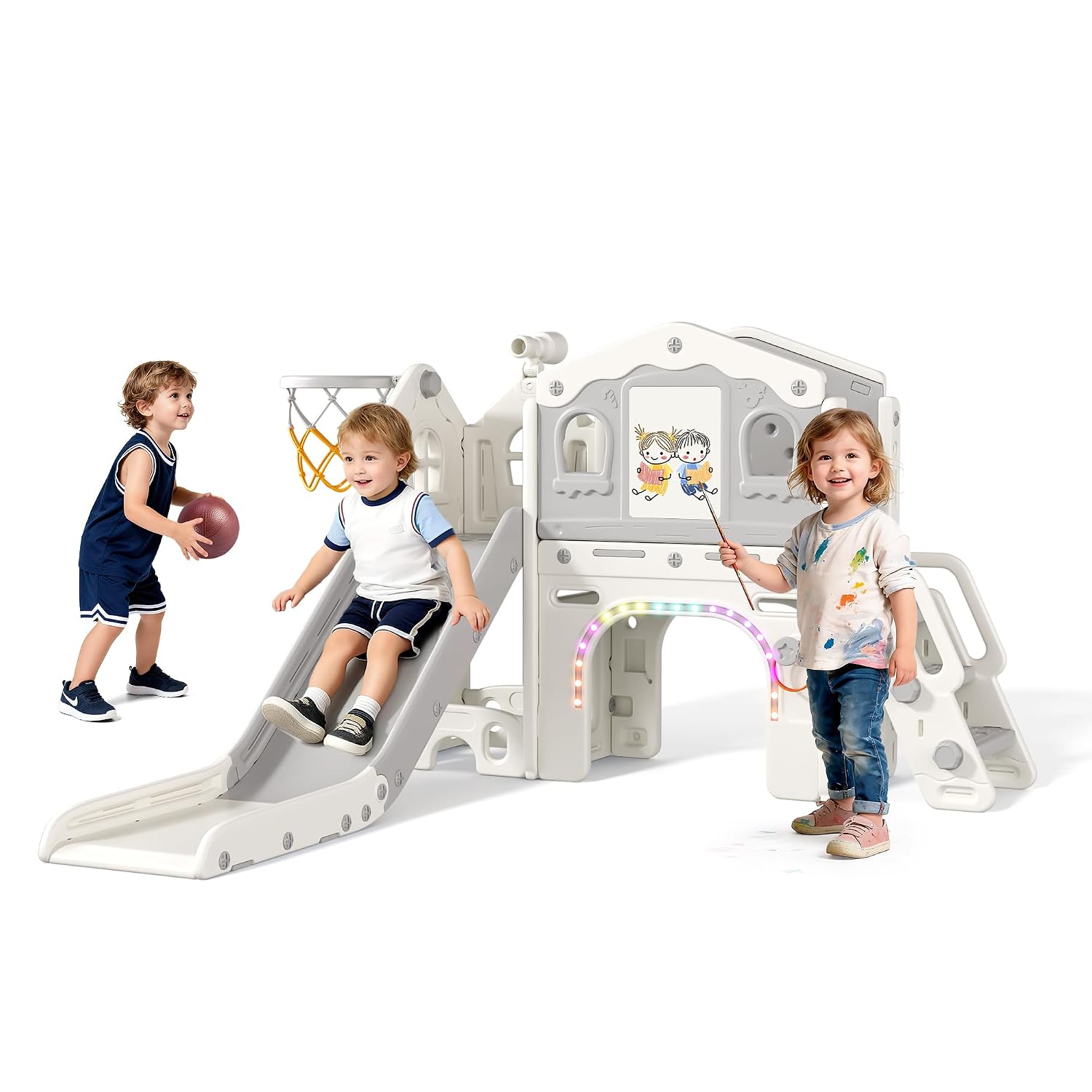 BIERUM 9 in 1 Toddler Slide Set - Baby Slide for Toddlers 1-3 with Colorful Lights, Drawing Board and Building Blocks Board, Indoor Outdoor Toddler Playset Playground, White Gray