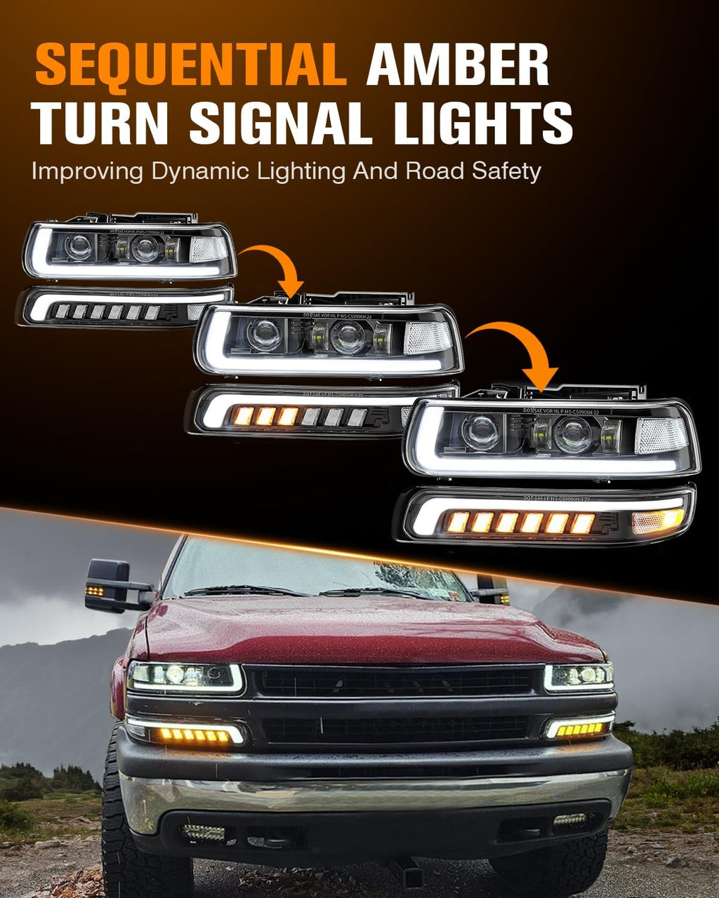 RAMJET4X4 LED Headlights Assembly Headlamps Replacement Compatible with 1999-2002 Chevy Silverado 2000-2006 Chevy Suburban 00-06 Tahoe DRL Turn Signal Hi/Low Beam with Bulbs (NOT FIT for GMC)