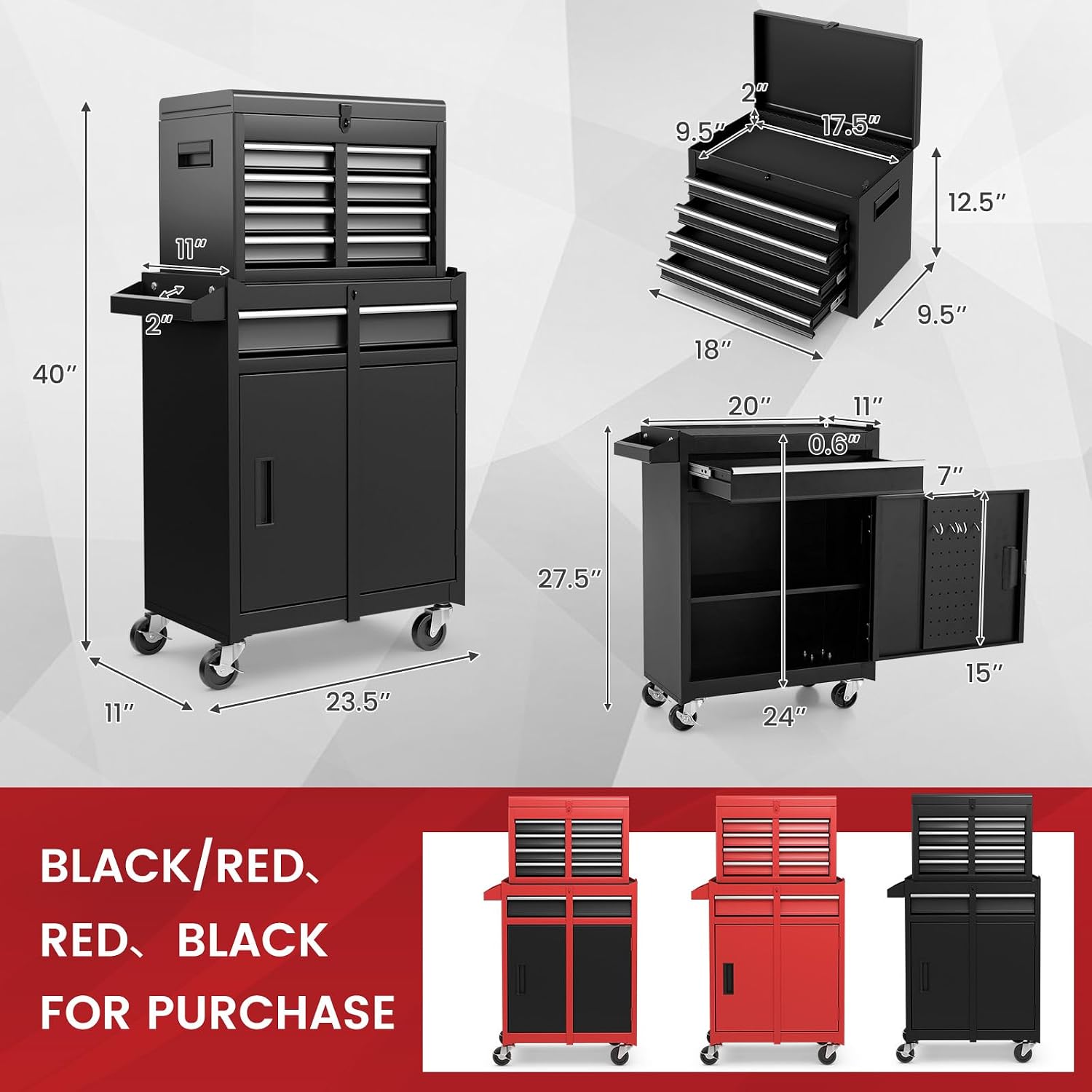 ERGOMASTER Tool Chest Heavy Duty Rolling Tool Box with Cabinet 5-Drawer for Lockable & Removable Cabinet for Garage and Workshop - Black