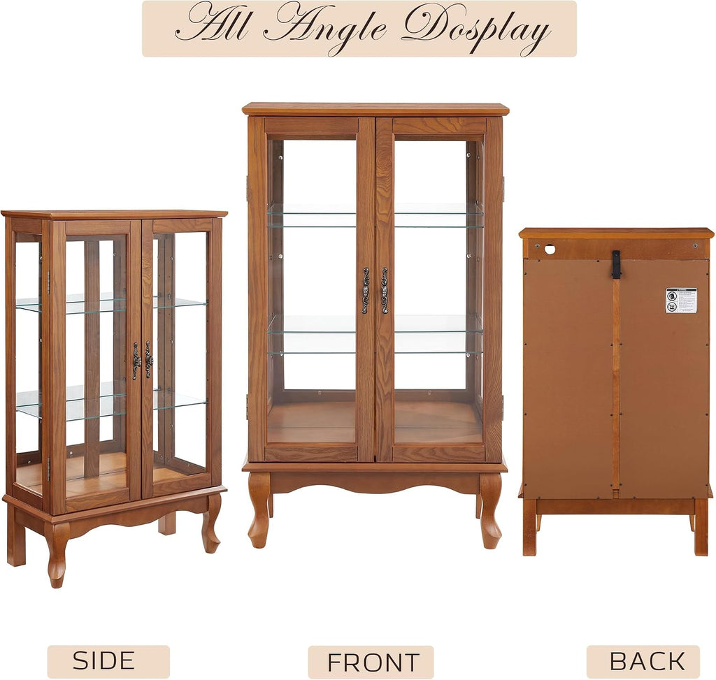 44' Small Lighted Glass Accent Curio Cabinet, Vintage China Cage with 2 Tempered Glass Doors & Adjustable Shelves, Acrylic Mirrored Pane, Elegant Wine Artwork Showcase Rack for Living Room (Dark Oak)