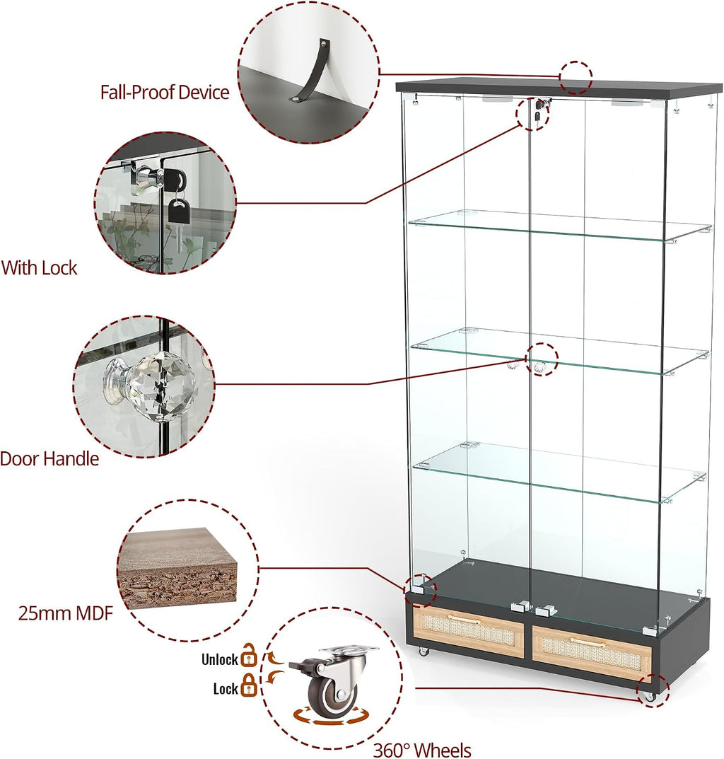 Modern Glass Display Cabinet with LED Light 4-Shelf Curio Cabinets with Rattan Drawer and Wheels,Tempered Glass Display Shelf Bookcase for Living Room Home Office