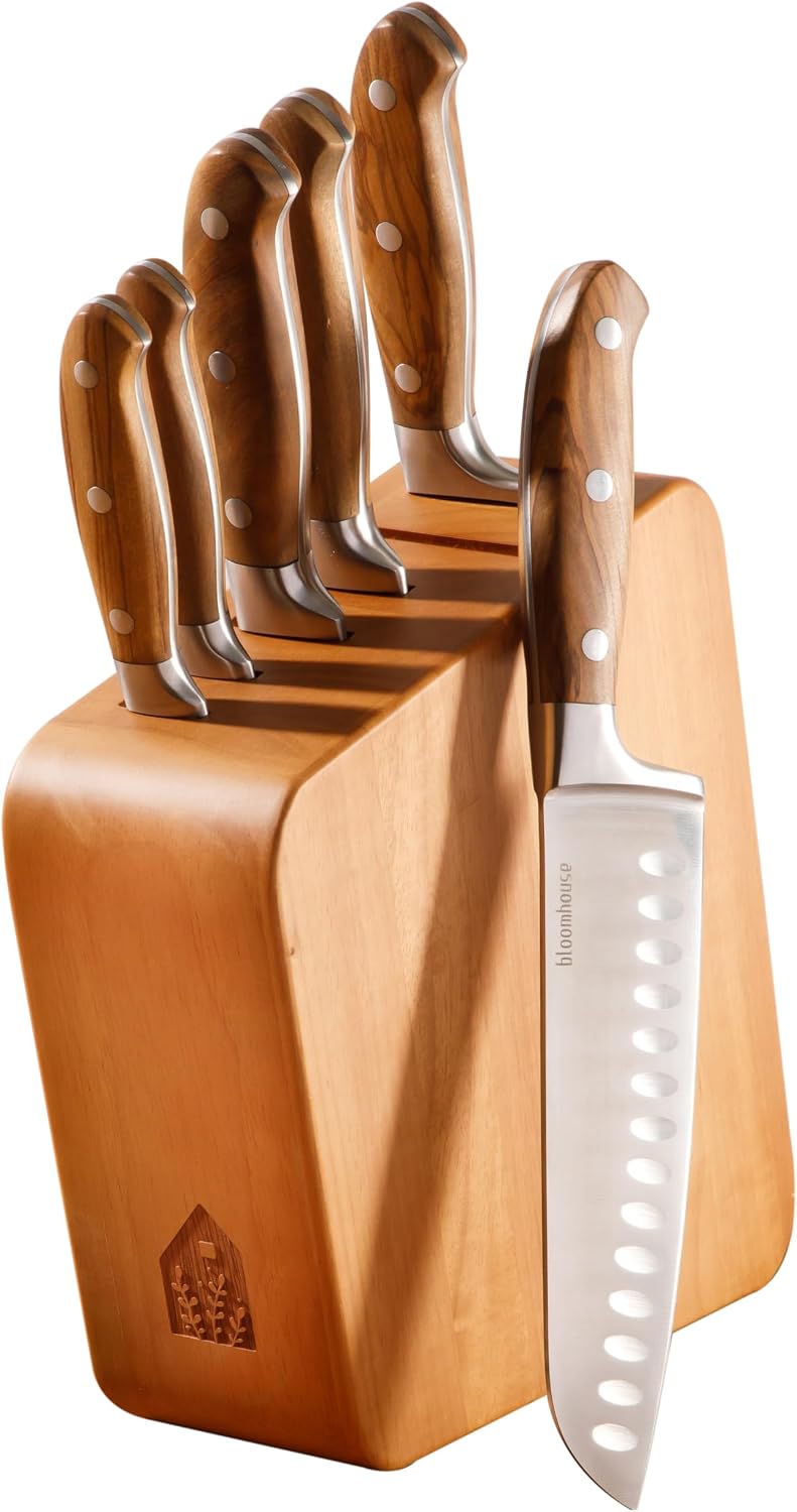 Bloomhouse - Two Time Oprah's Favorite Things Winner - 7 Piece Italian Olive Wood Kitchen Knife Block Set w/German Forged Stainless Steel Knives