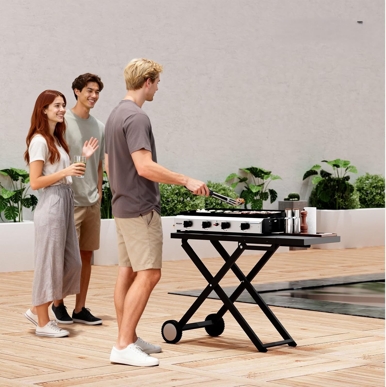 Bonnlo Foldable Flat Top Grill with 4 Burner, Powerful 40,000 BTU Propane Gas Grills with Ignition, Enamel Griddle, Side Shelf & Portable Cart with Wheels for Outdoor Camping Hibachi Grill Use