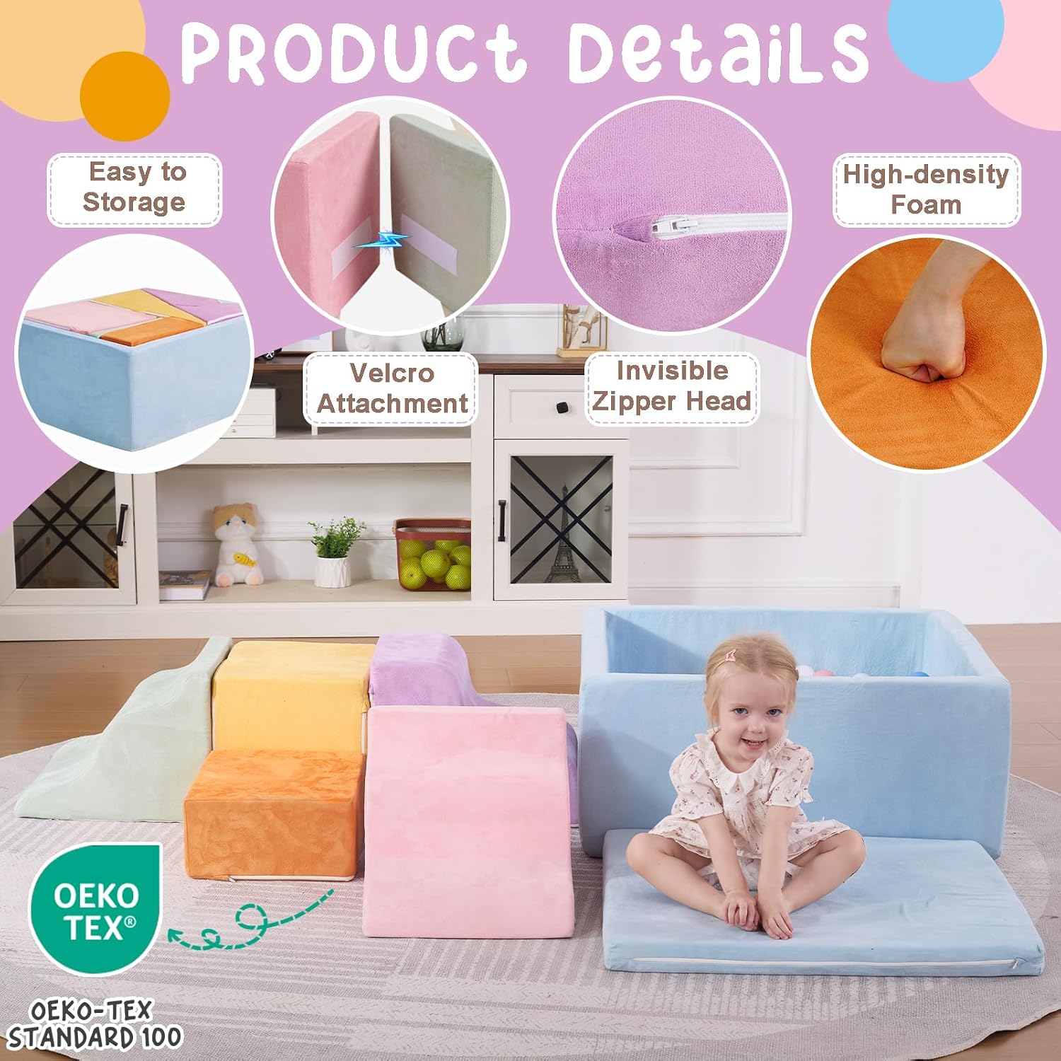 Foam Climbing Blocks for Toddlers, 7-Piece Baby Soft Play Set with Ball Pit, Indoor Climbing Toys for Kids, Modular Foam Play Structures, Macaron Colors (Balls Not Included)