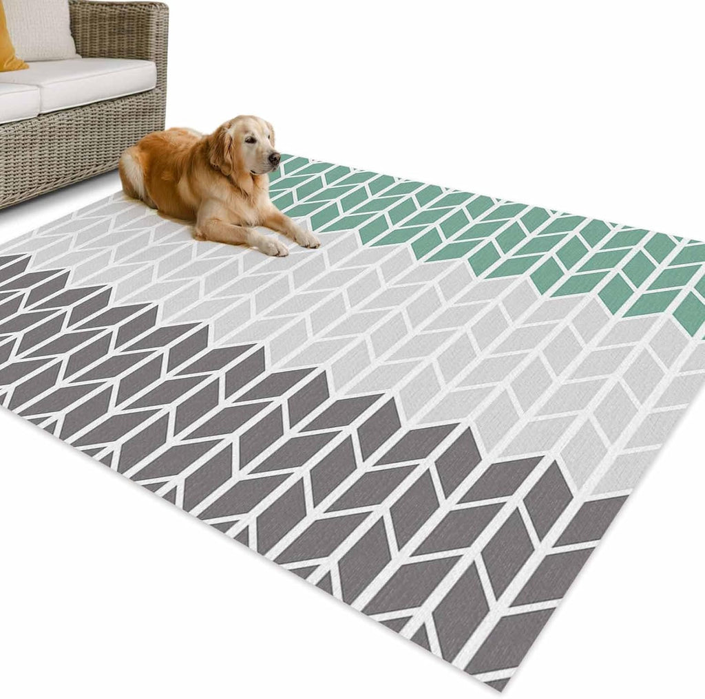 Outdoor Rug 4x6ft Grey Teal Stripe Buffalo Check Geometric Art Patio Area Rugs Waterproof Easy Cleaning Non Shedding Thick Mats Herringbone Carpet for Indoor Outdoor Porch Deck Backyard Balcony
