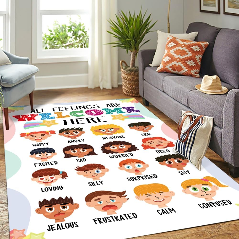 Calming Corner Classroom Rug - Feelings Chart - Coping Skills Emotions Chart Carpet - School Furniture Elementary, ABC Floor Mat Anti-Skid for School & Learning Area, Nursery Decor (8x5ft)