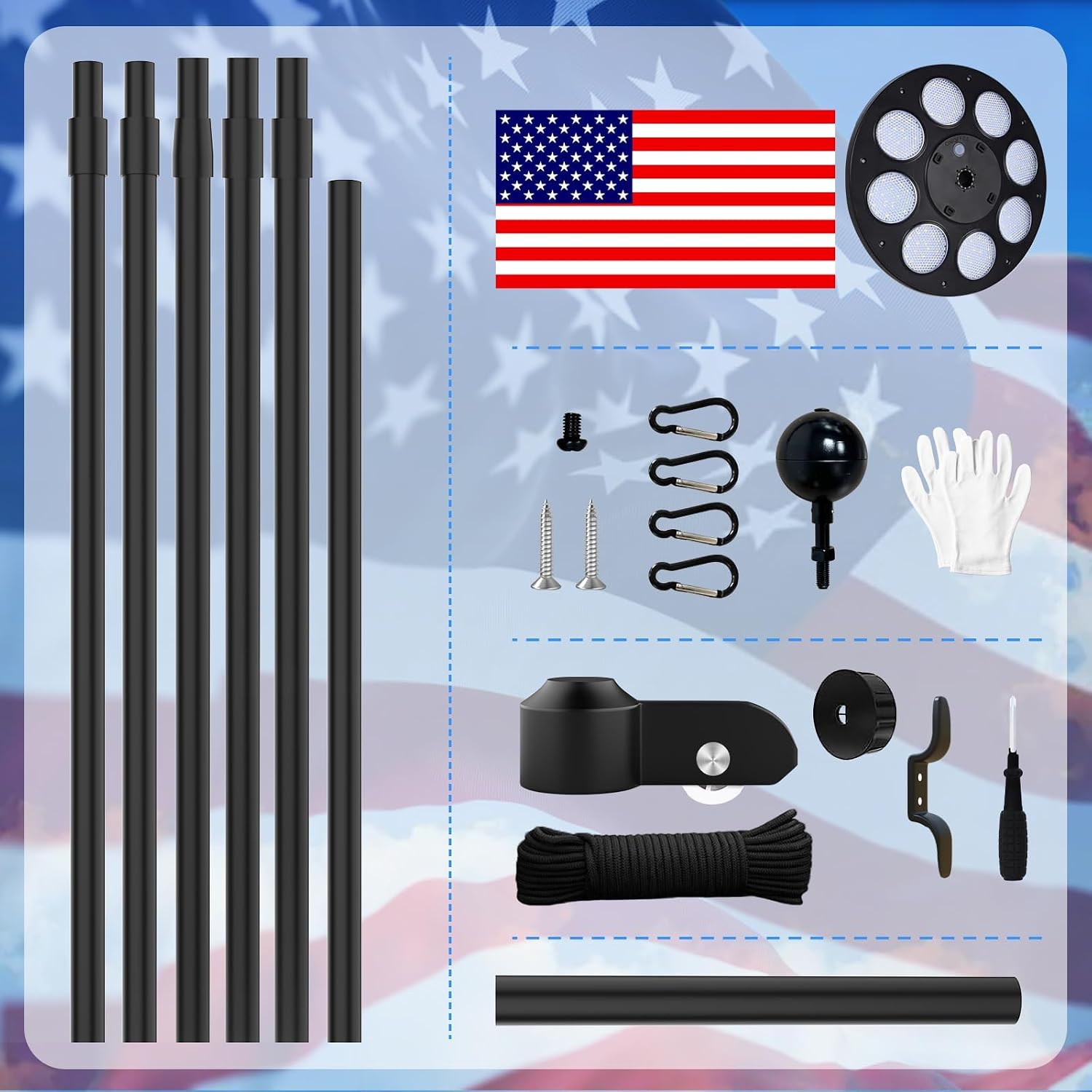 25FT Heavy Duty Flag Pole Kit with Solar Light,14 Gauge Flag Pole for Outside House in Ground Thick Aluminum Flagpoles with 136 LED Light & 3x5 American Flag with Pole for Outside Ip67 Waterproof