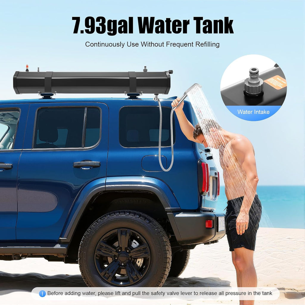 7.9 Gallon Portable Camping Shower Roof-Mounted Pressurized Water Tank Solar Camping Shower for SUV Sedan RV Trucks