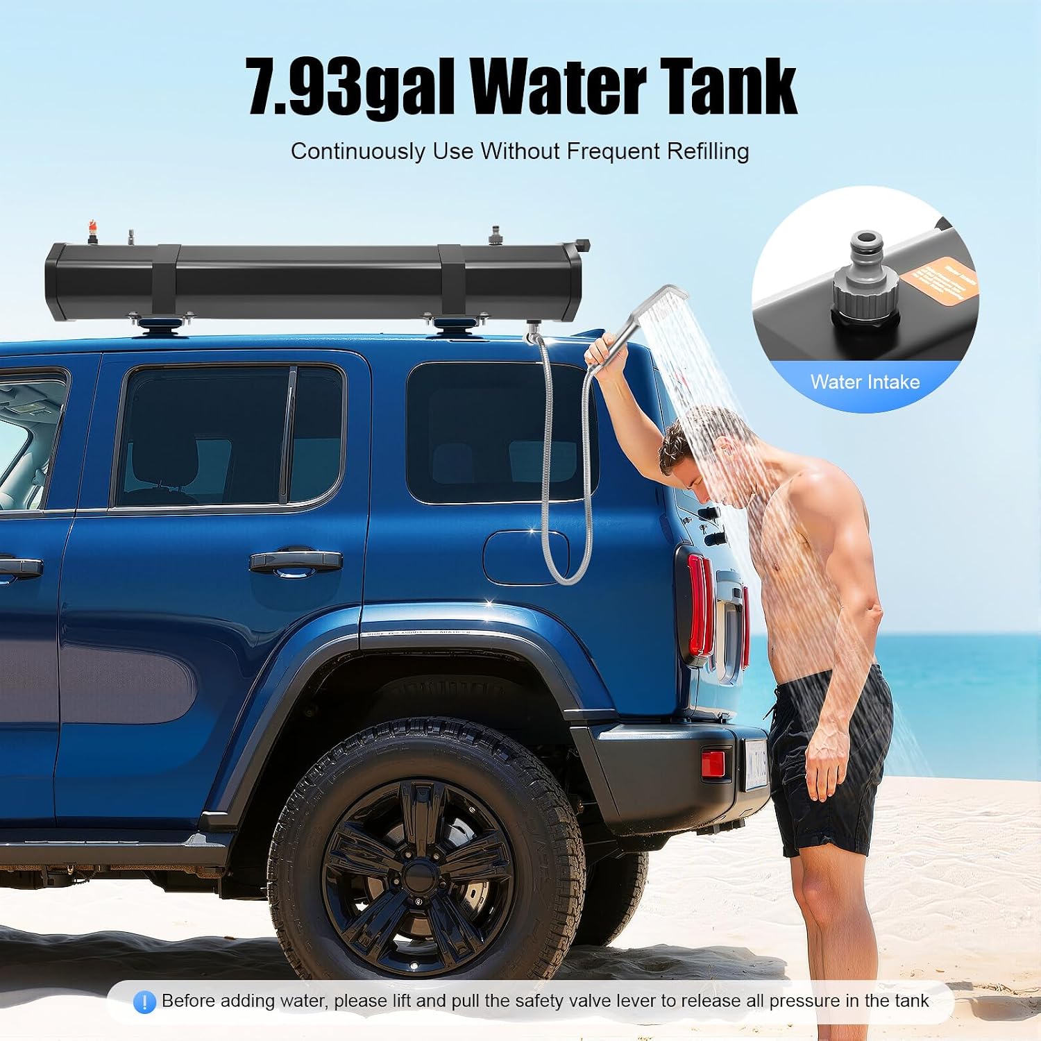 7.9 Gallon Portable Camping Shower Roof-Mounted Pressurized Water Tank Solar Camping Shower for SUV Sedan RV Trucks
