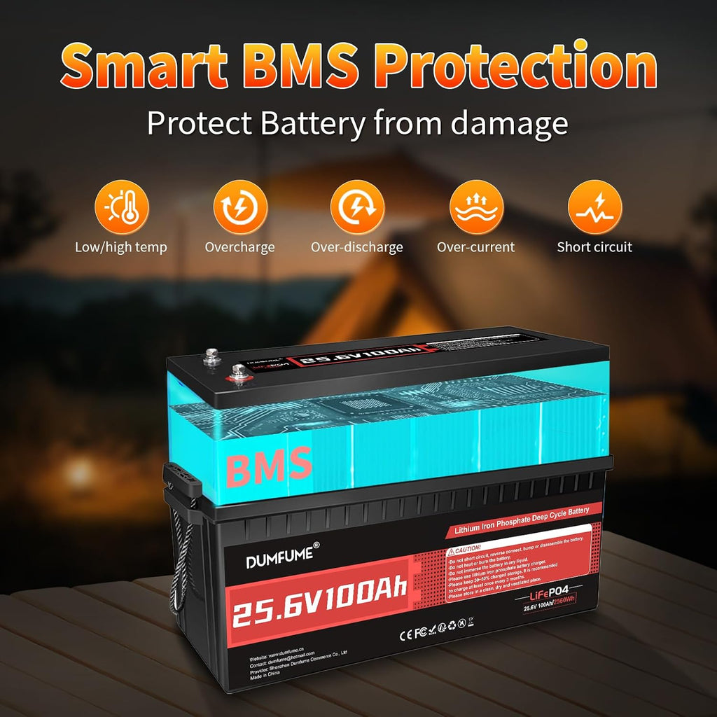 2 pack Dumfume 12V 200Ah LiFePO4 Lithium Battery,2560Wh Energy,1280W Load,200A BMS & 95% Discharge Efficiency,15000+ Cycles for Solar RV Off-Grid Camping Home Backup
