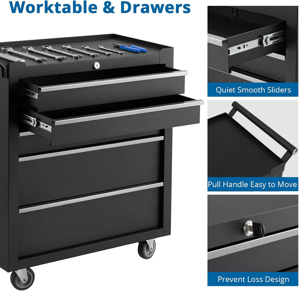 OUTLANE Heavy Duty 5 Drawers Tool Storage Cabinet, Rolling Tool Chest with Lockable Wheels, Side Handle, Portable Tool Cabinet Organizer for Warehouse, Workshop & Repair Shop