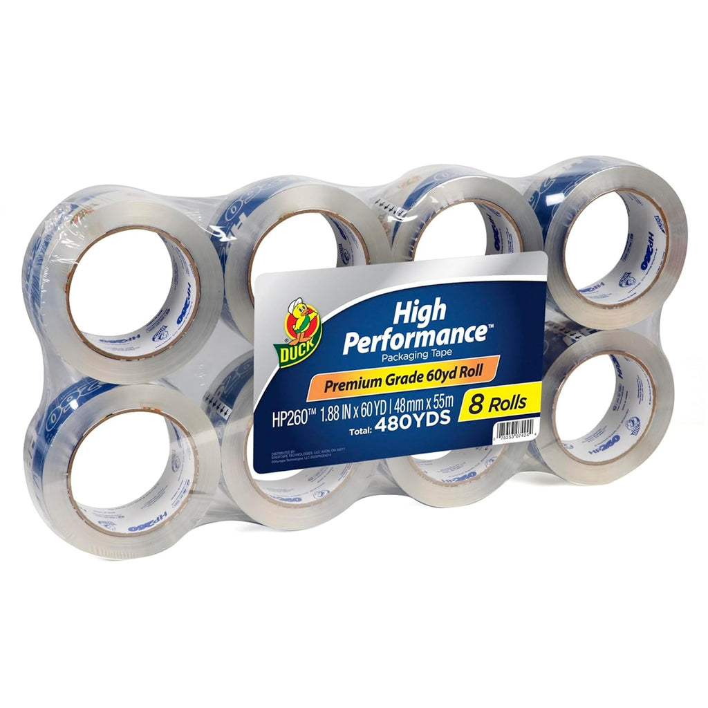 Duck High Performance Clear Packing Tape Refills - 8 Rolls of HP260 Strong Packaging Tape for Shipping, Moving, Mailing & Storage Boxes - 3' Core - 1.88 Inch x 60 Yards - Clear (1067839) (Pack of 6)