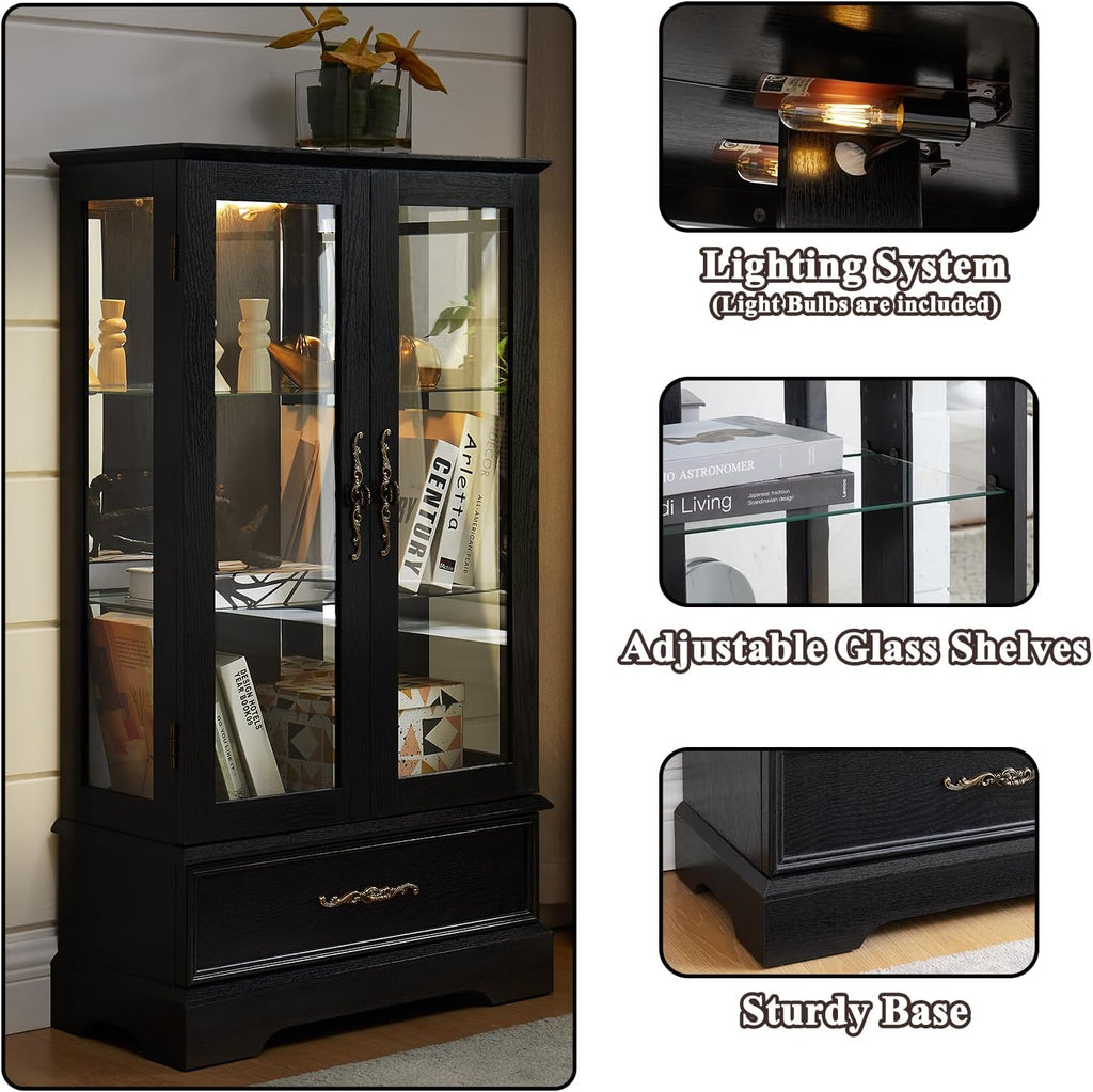 47' H Lighted Curio Cabinet Display Case, Glass Cabinet with Adjustable Shelves,Tempered Glass Door and Drawer, Wooden Curio Cabinet with Mirrored Back Pane for Living Room (Black)