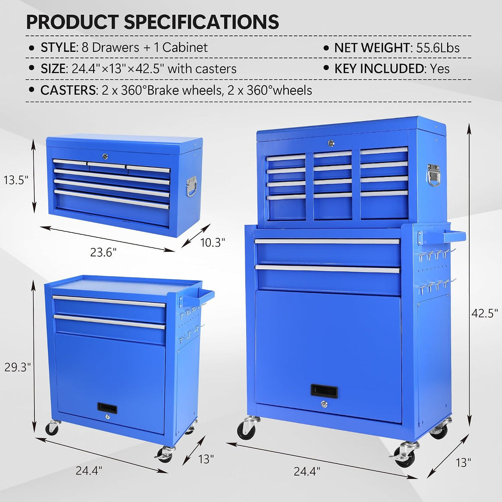 Rolling Tool Chest with Wheels and 8 Drawers, Detachable Large Tool Cabinet with Lock for Garage, Locking Mechanic Tool Cart with Black Liner for Warehouse, Workshop, High Capacity