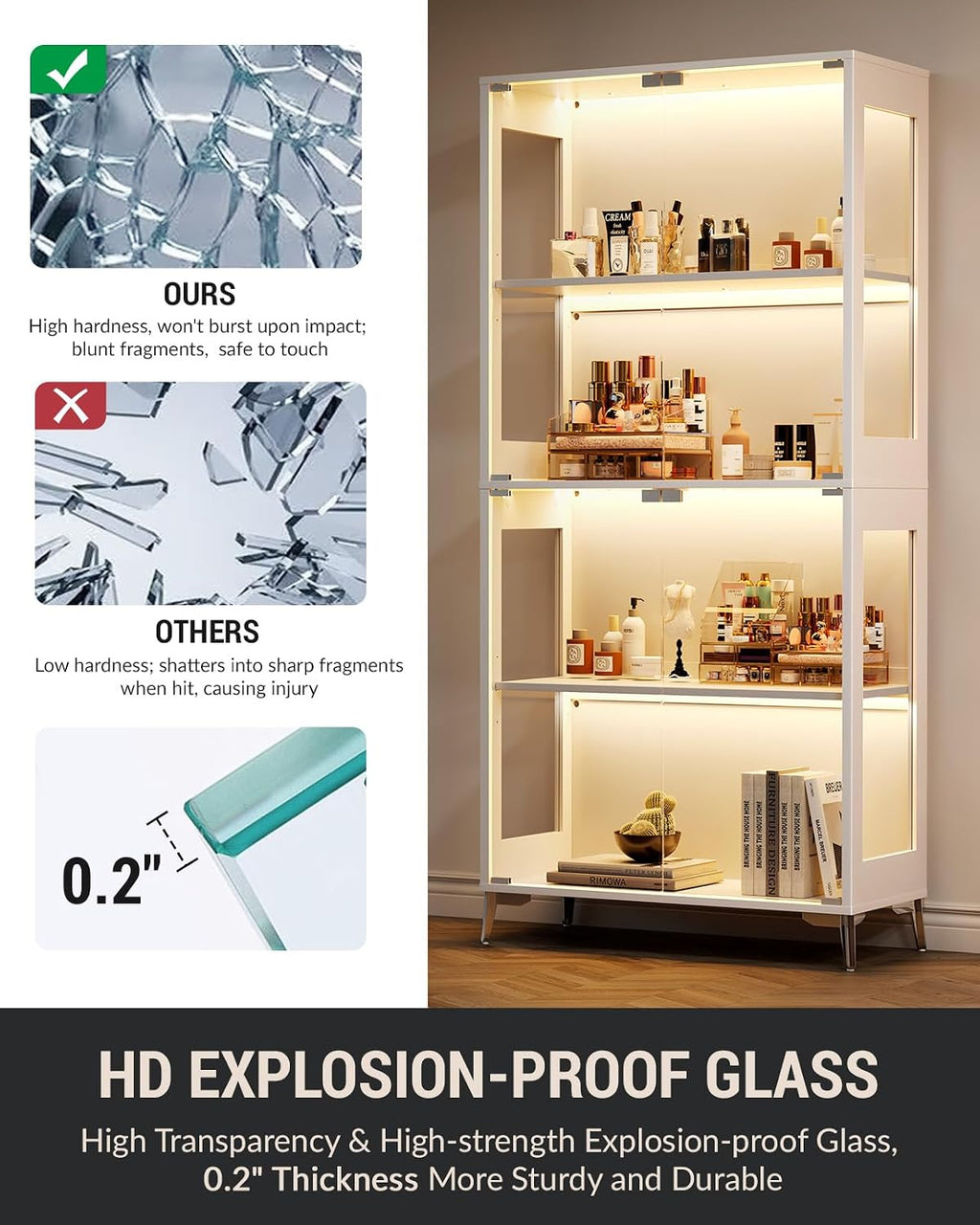 Glass Display Cabinet with Doors, 4-Tier Storage & Display Case with Adjustable Shelves, RGB LED Lights with APP & Remote Control, Metal Base Curio Cabinet for Collectibles & Living Room Furniture