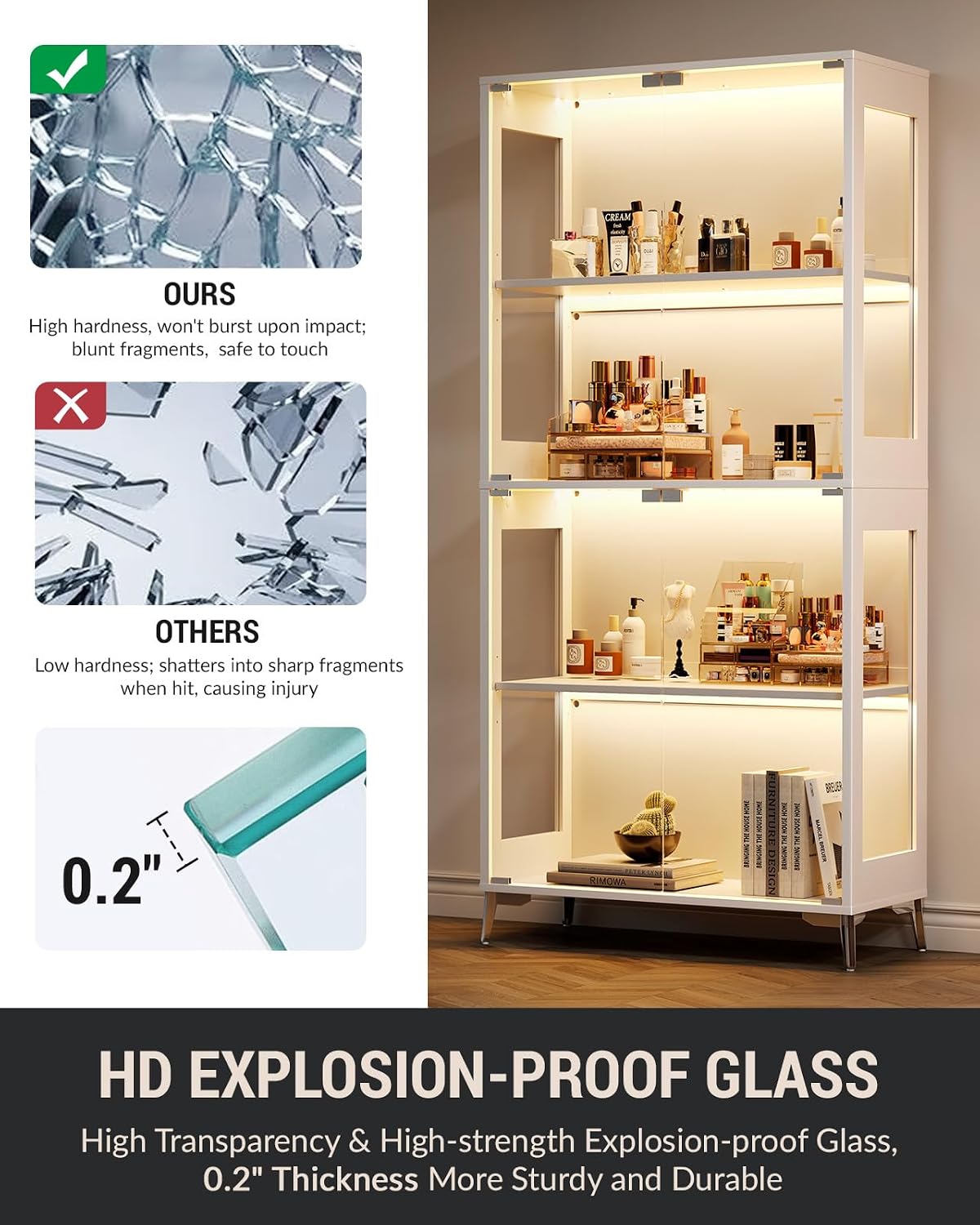 Glass Display Cabinet with Doors, 4-Tier Storage & Display Case with Adjustable Shelves, RGB LED Lights with APP & Remote Control, Metal Base Curio Cabinet for Collectibles & Living Room Furniture